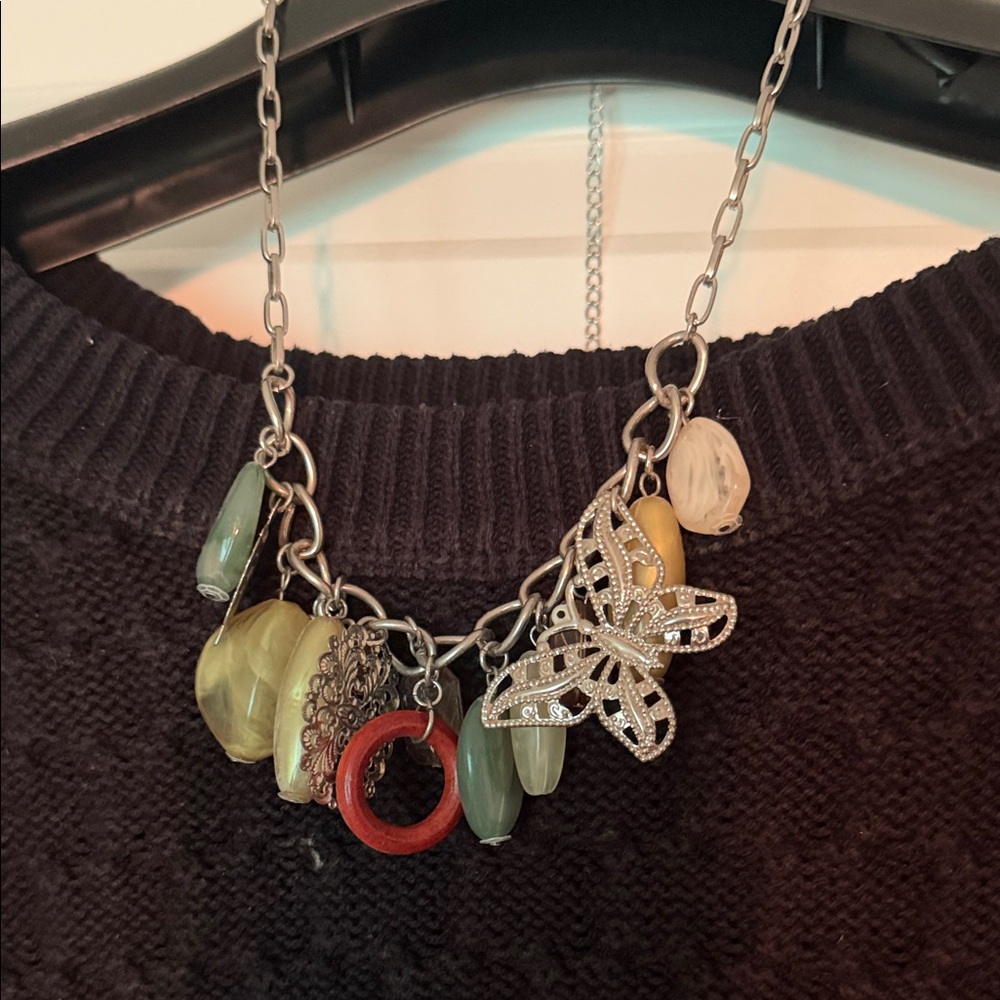 Chic Silver Butterfly Necklace with Multicolored Beads